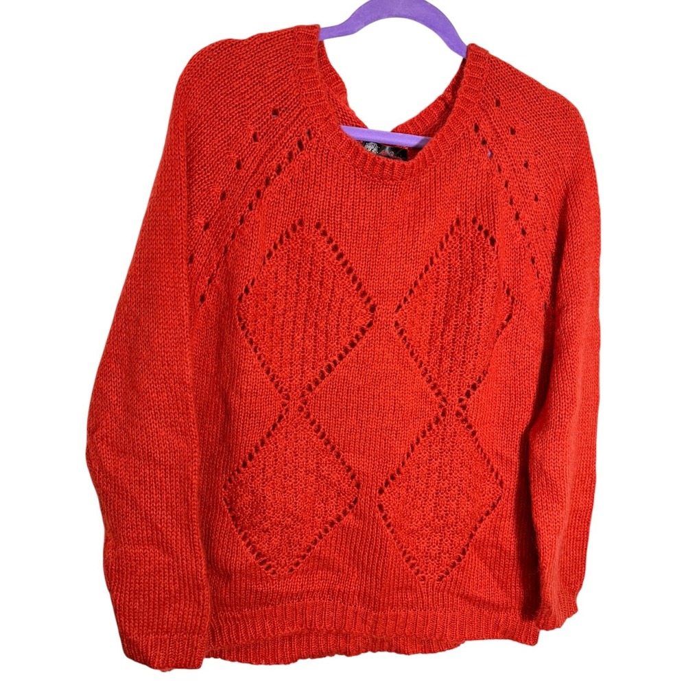 J.J. Basics XL Red Sweater Diamond Pointelle Knit Crew Neck Raglan Preppy Retro